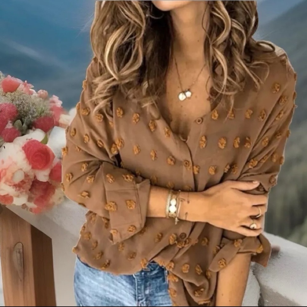 Sexy Coffee/Brown Collared Button Down W/Puffy Circle Designs Button Cuffed Top